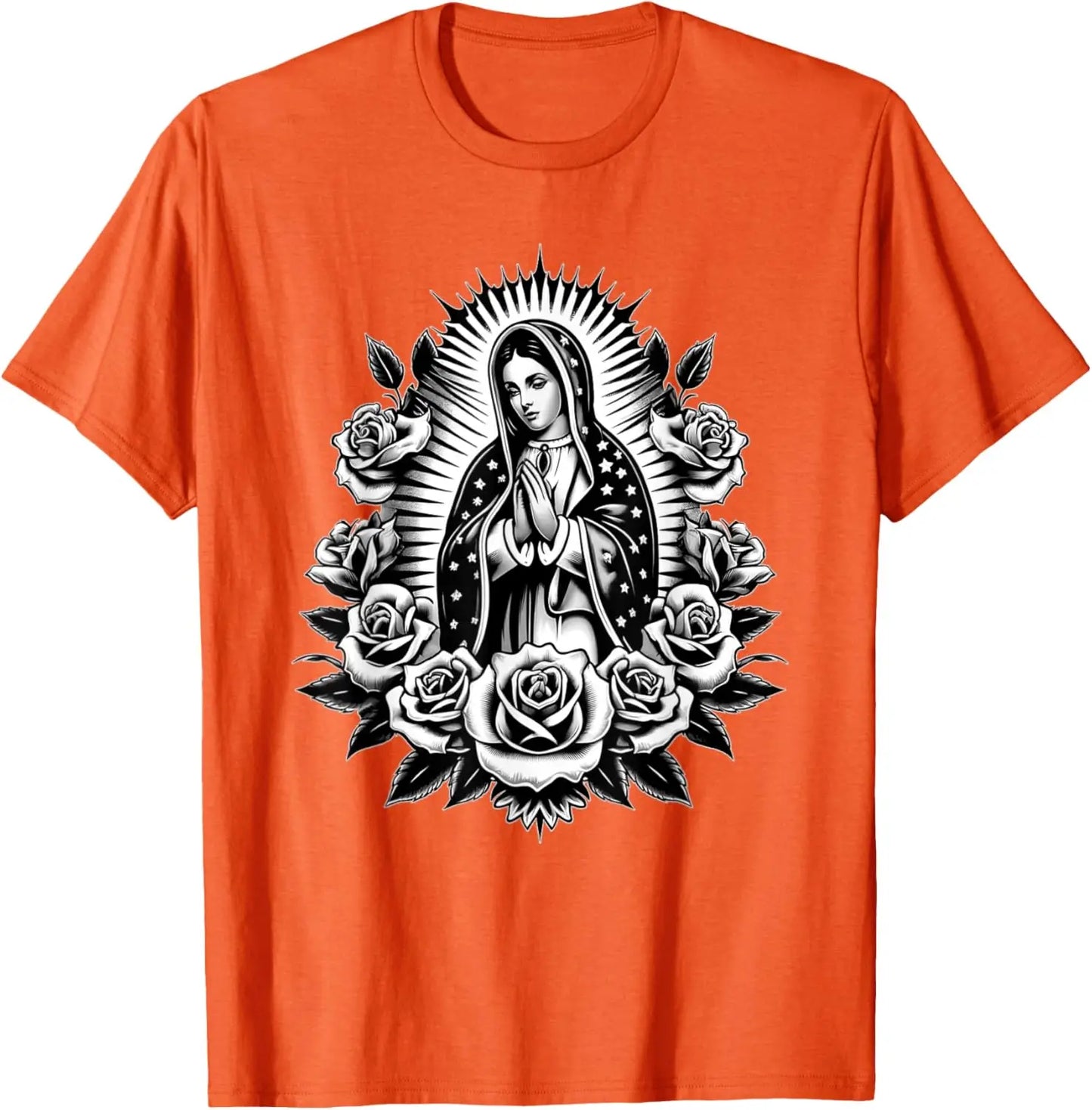 T-shirt Vierge de Guadalupe et roses – imprimé catholique floral pour homme