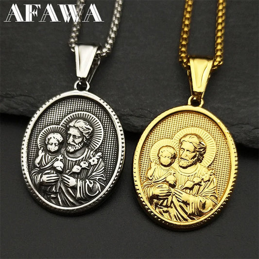 Collier médaille Saint Joseph en acier inoxydable doré – bijou chrétien