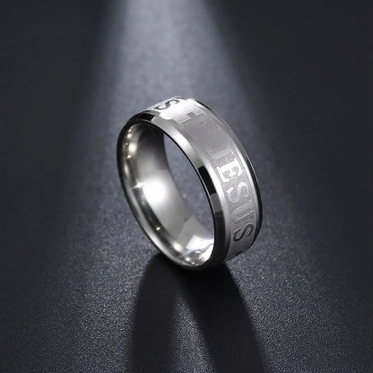 Bague Unisexe en Acier Inoxydable – Croix de Jésus & Lettres Bibliques Gravées