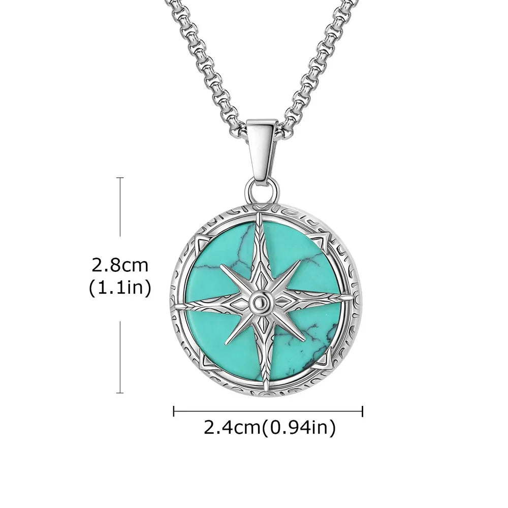 Collier Pendentif Pierre Turquoise & Boussole – Acier Inoxydable Homme