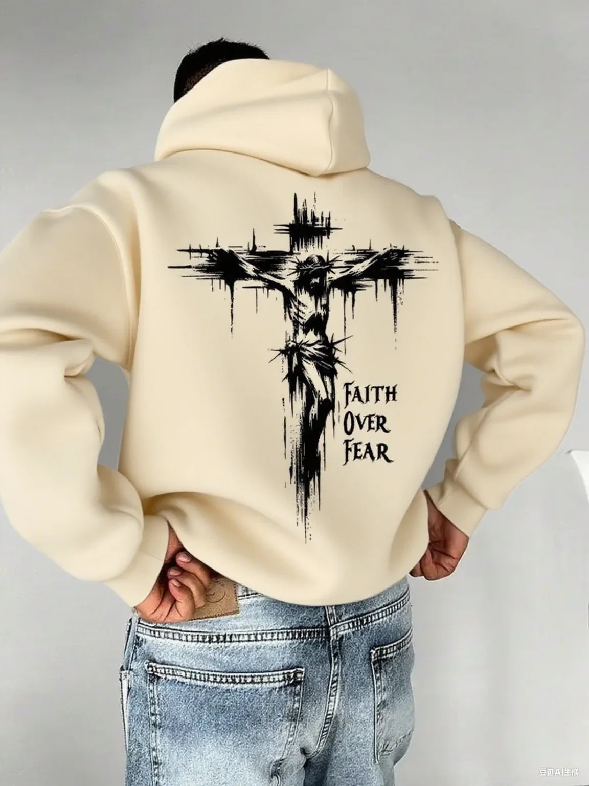 Hoodie chrétien homme “Faith Overcomes Fear” avec croix au dos