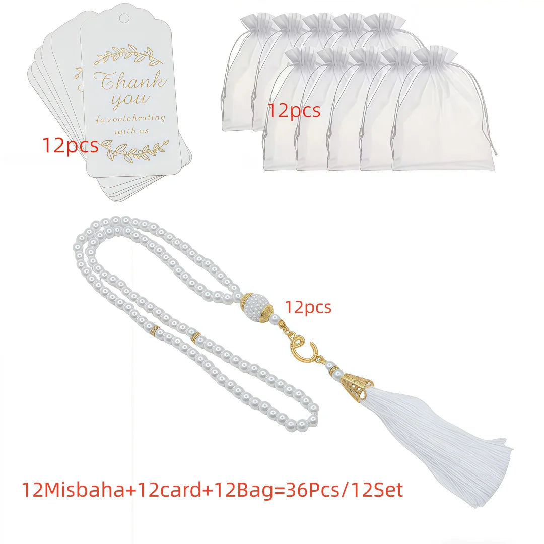 Lot de 12 Tasbih Musulmans 99 Perles avec Pompon – Chapelets de Prière Ramadan & Eid