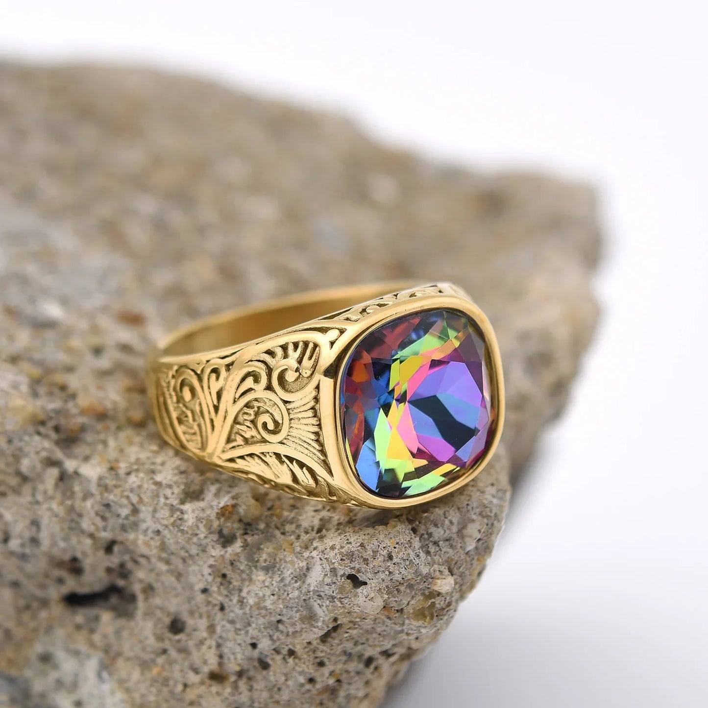 Bague homme acier inoxydable avec pierre colorée – style vintage mystique
