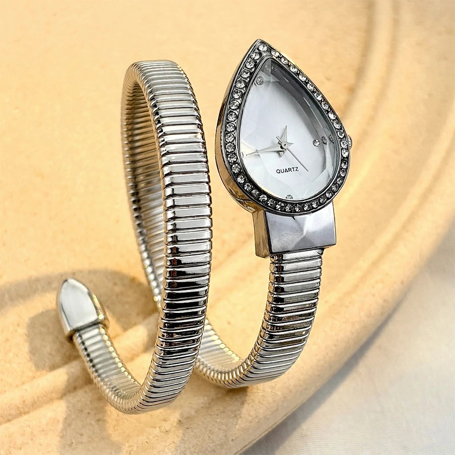 Women's Quartz Water-Drop Watch – Gold or Silver Snake Bracelet