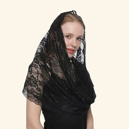 Foulard voile femme en dentelle brodée – châle d’église et mariage 53×55 cm