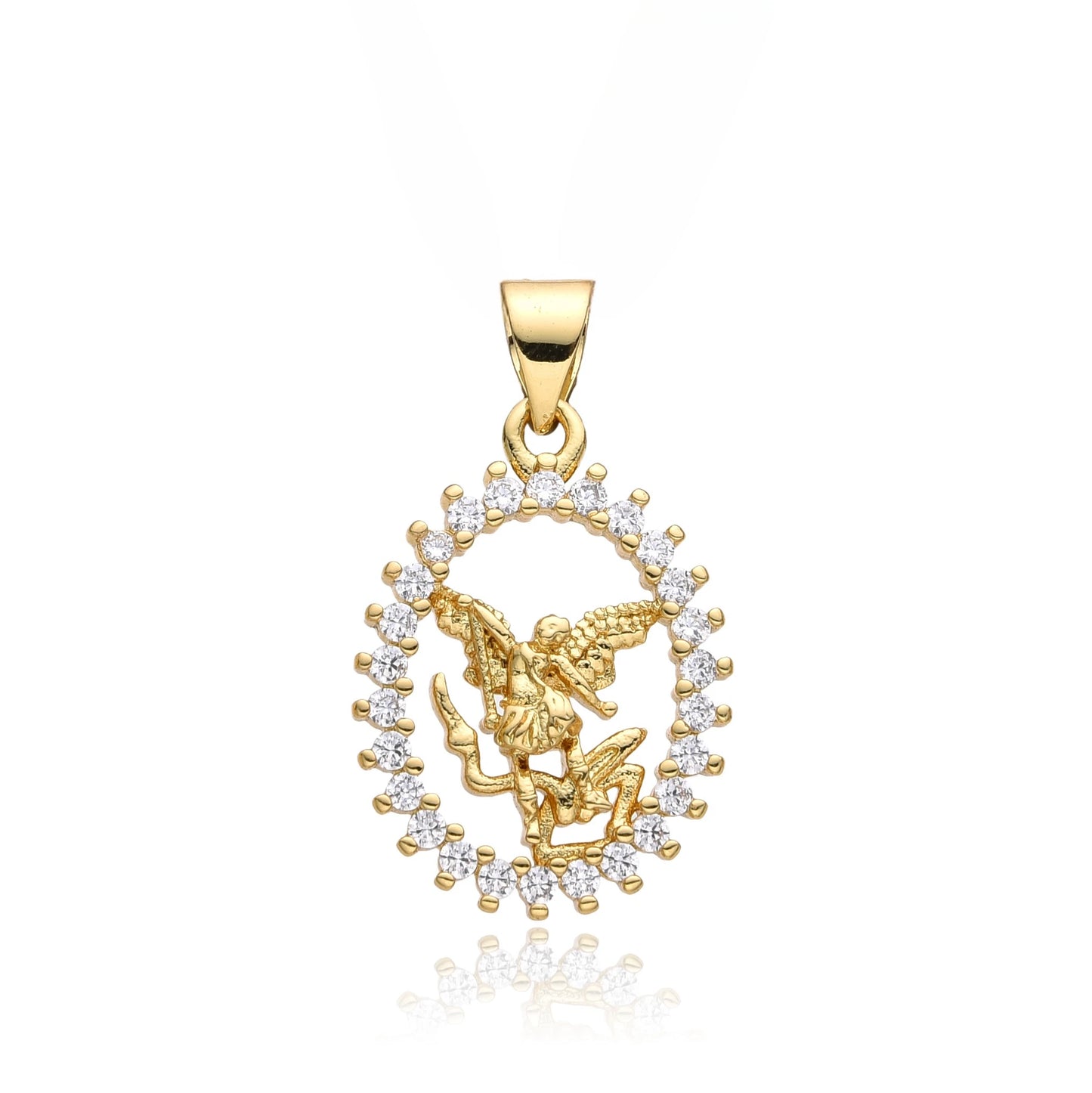 Pendentif Archange Saint Michel Doré – Médaille Religieuse Catholique avec Bord Coquillage et Zircons