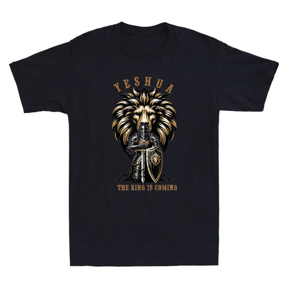 T-shirt chrétien Yeshua le Roi revient – lion et guerrier, modèle homme/femme