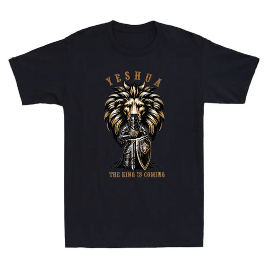 T-shirt chrétien Yeshua le Roi revient – lion et guerrier, modèle homme/femme