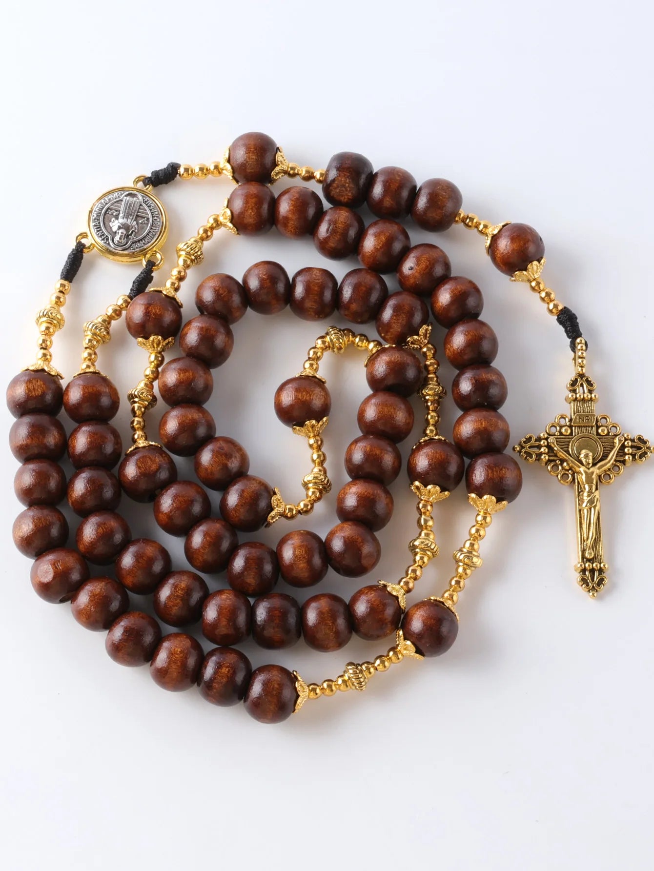 Collier Chapelet Catholique Vintage en Bois – 59 Perles 10 mm avec Croix, Fait Main