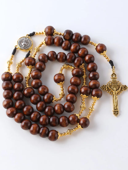 Collier Chapelet Catholique Vintage en Bois – 59 Perles 10 mm avec Croix, Fait Main