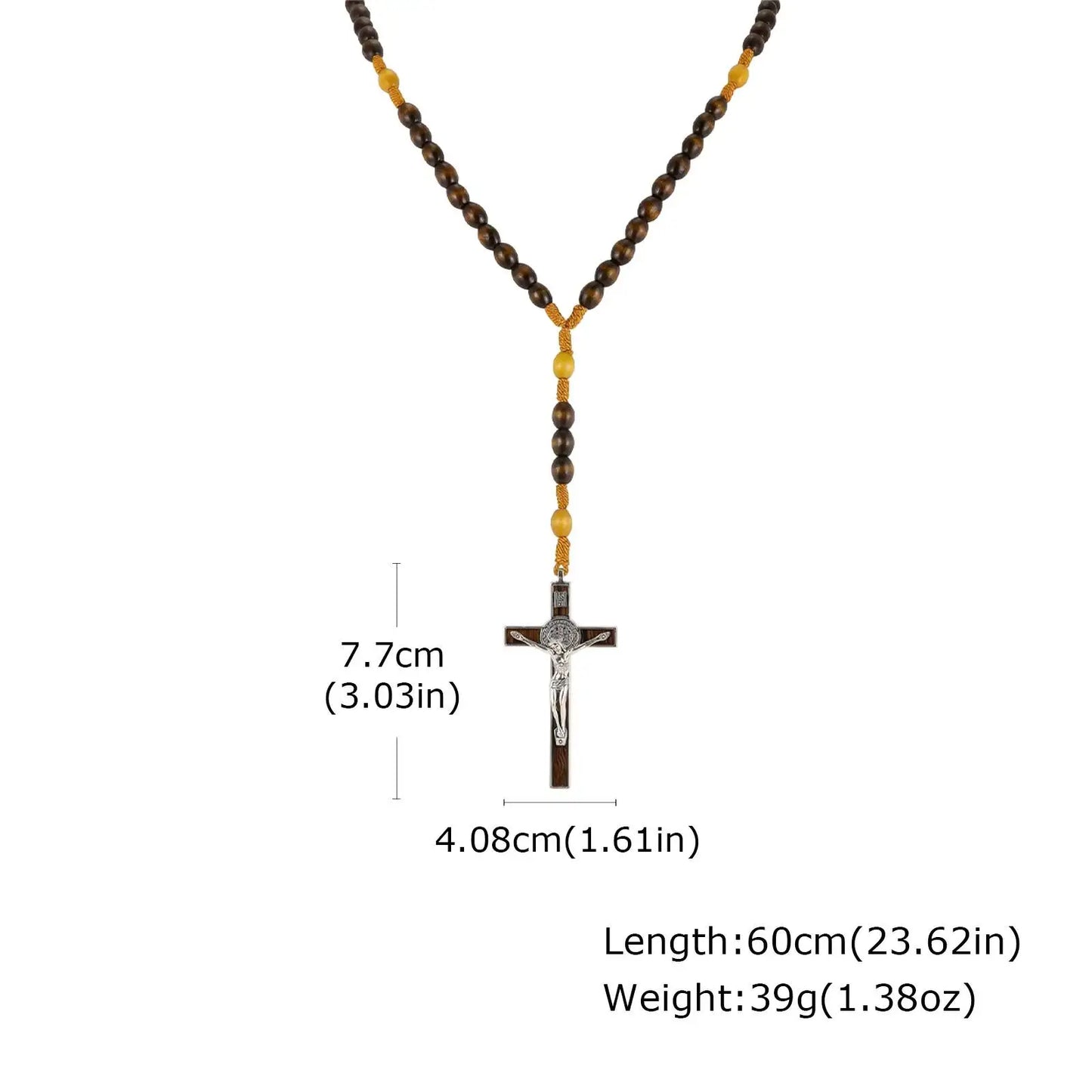 Collier chapelet catholique homme VNOX – Perles de bois marron et croix crucifix