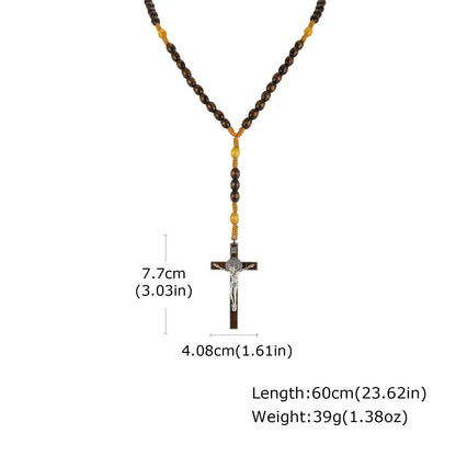 Collier chapelet catholique homme VNOX – Perles de bois marron et croix crucifix