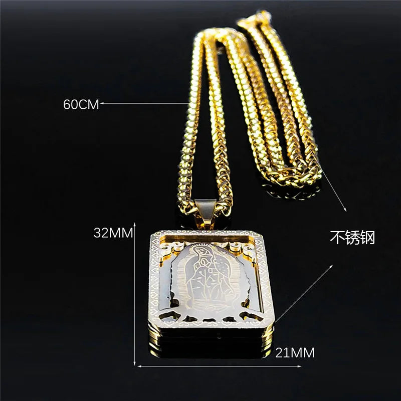 Collier médaille carrée Vierge de Guadalupe en acier 316L – bijou catholique pour homme