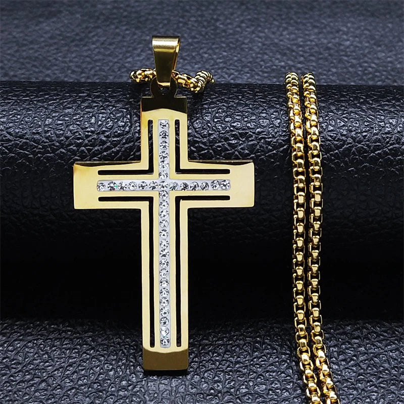Collier catholique doré avec pendentif croix en cristal – Acier inoxydable, femme et homme