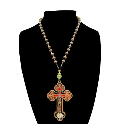 Collier crucifix orthodoxe en bois avec chapelet – bijou religieux