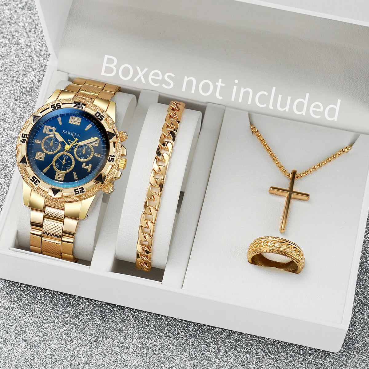 Set Reloj Hombre Dorado 4 Piezas – Pulsera, Collar y Anillo