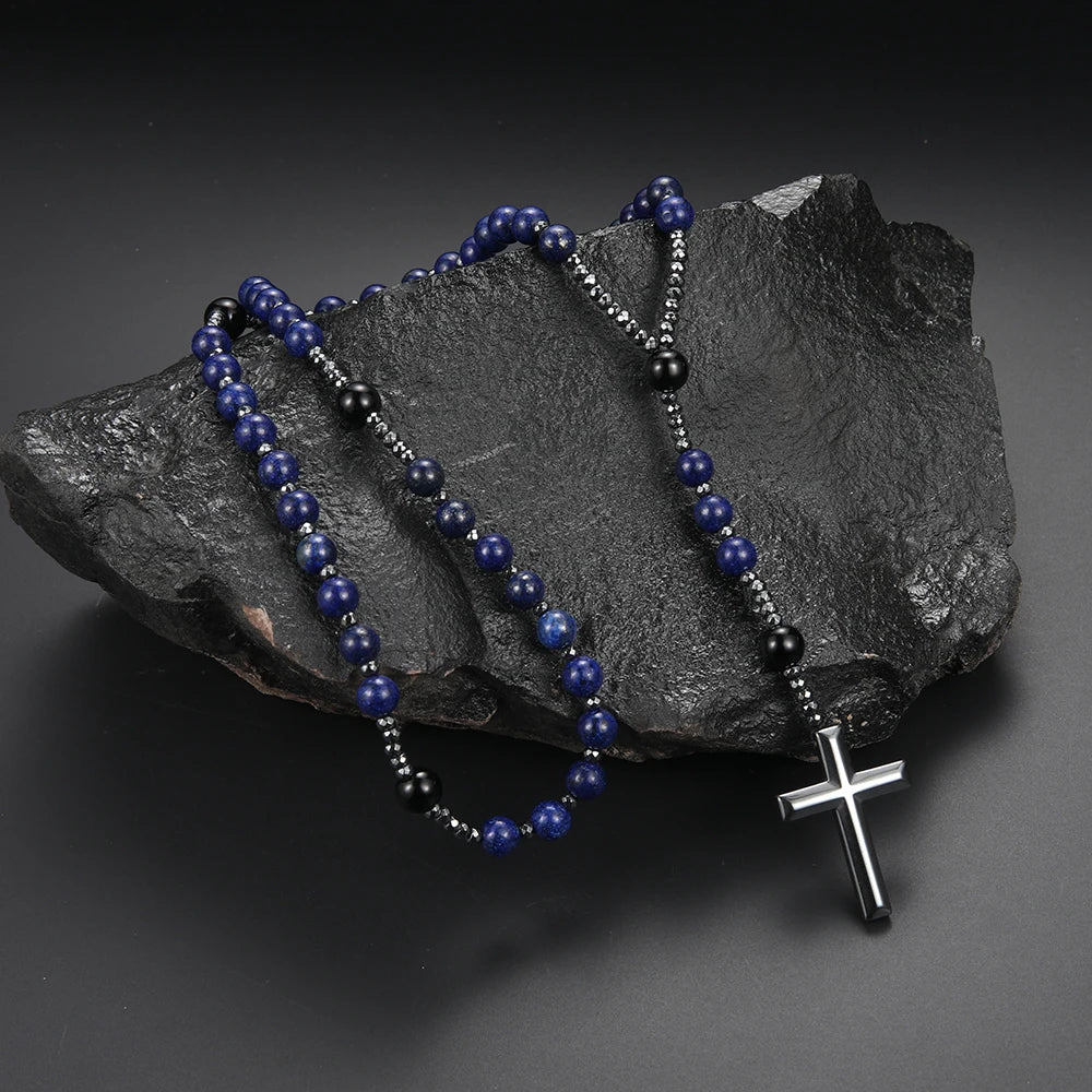 Rosenkranzkette aus blauen Steinen mit Kreuz – religiöser Unisex-Schmuck