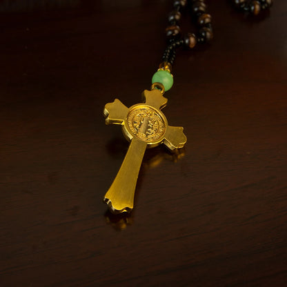 Collier croix orthodoxe avec perles en bois – bijou religieux