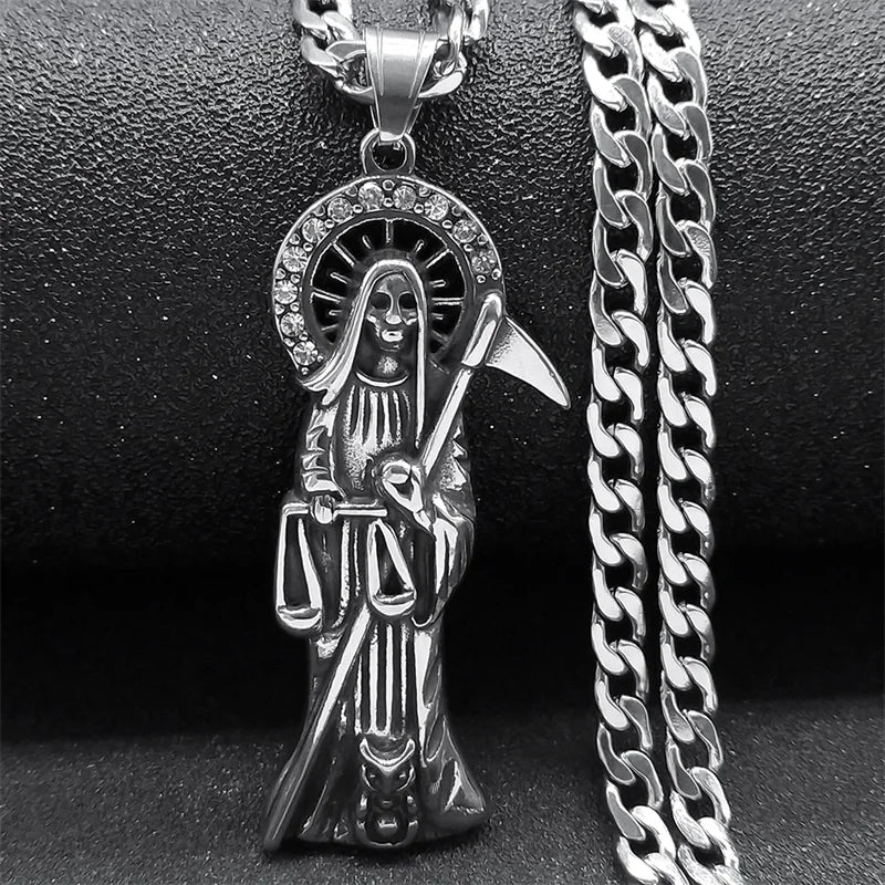 Collier Santa Muerte homme en acier inoxydable – pendentif faucheuse argenté