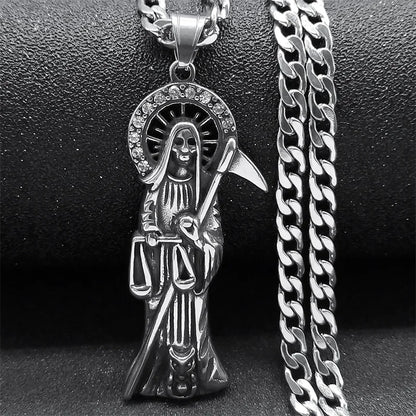 Collier Santa Muerte homme en acier inoxydable – pendentif faucheuse argenté