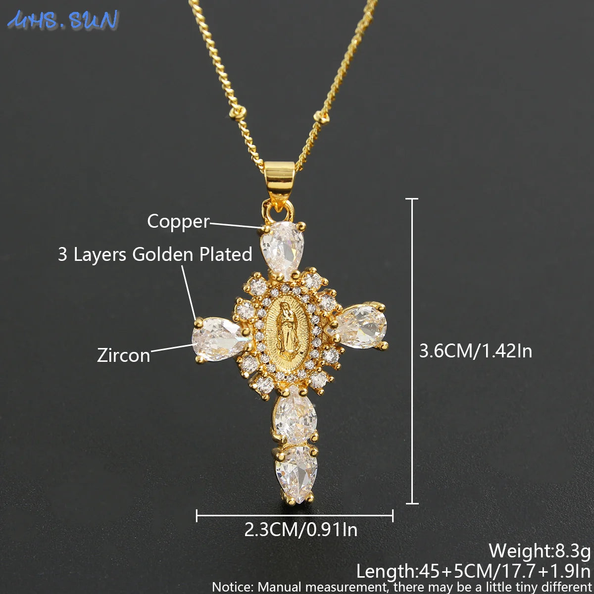 Virgin of Guadalupe Cross Necklace with Zircon – Unisex Catholic Jewelry