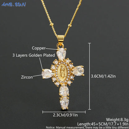 Virgin of Guadalupe Cross Necklace with Zircon – Unisex Catholic Jewelry