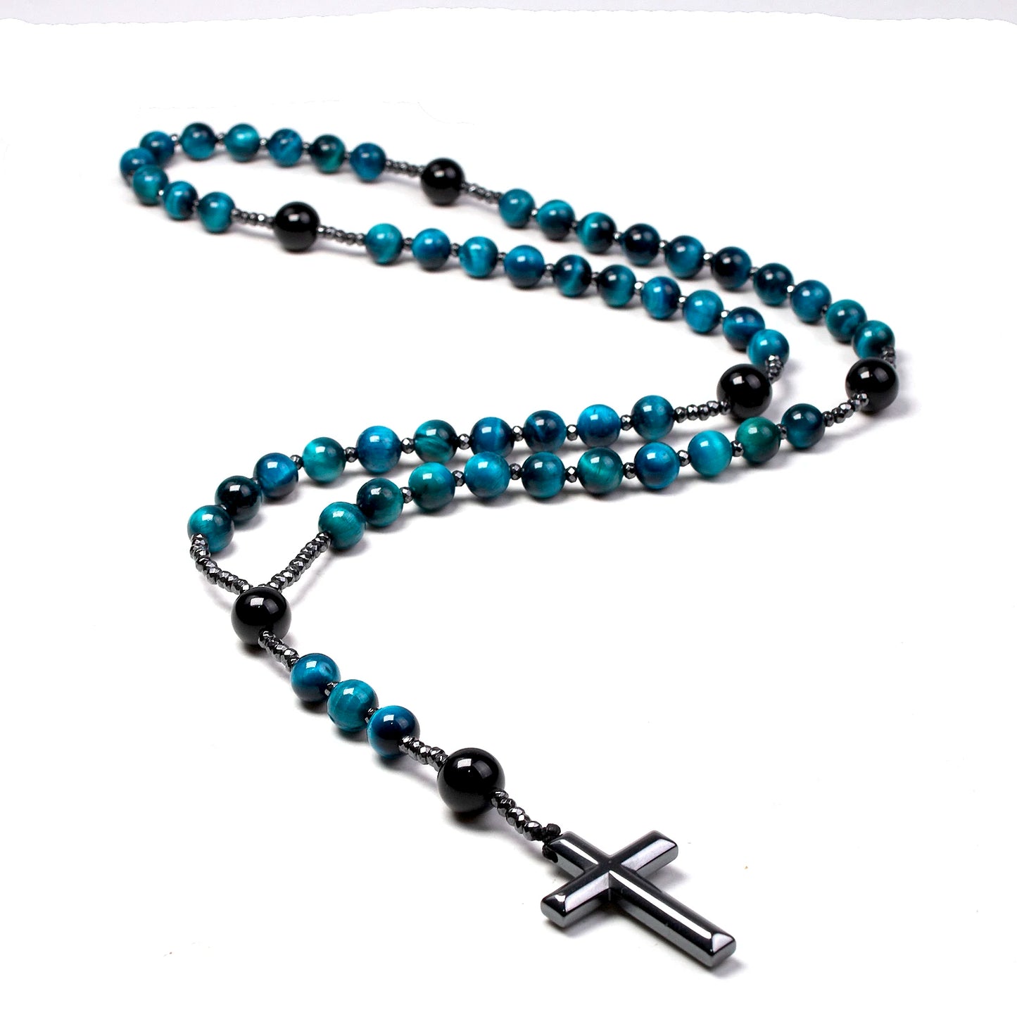 Collier chapelet catholique en œil-de-tigre bleu, onyx et croix en hématite – modèle homme