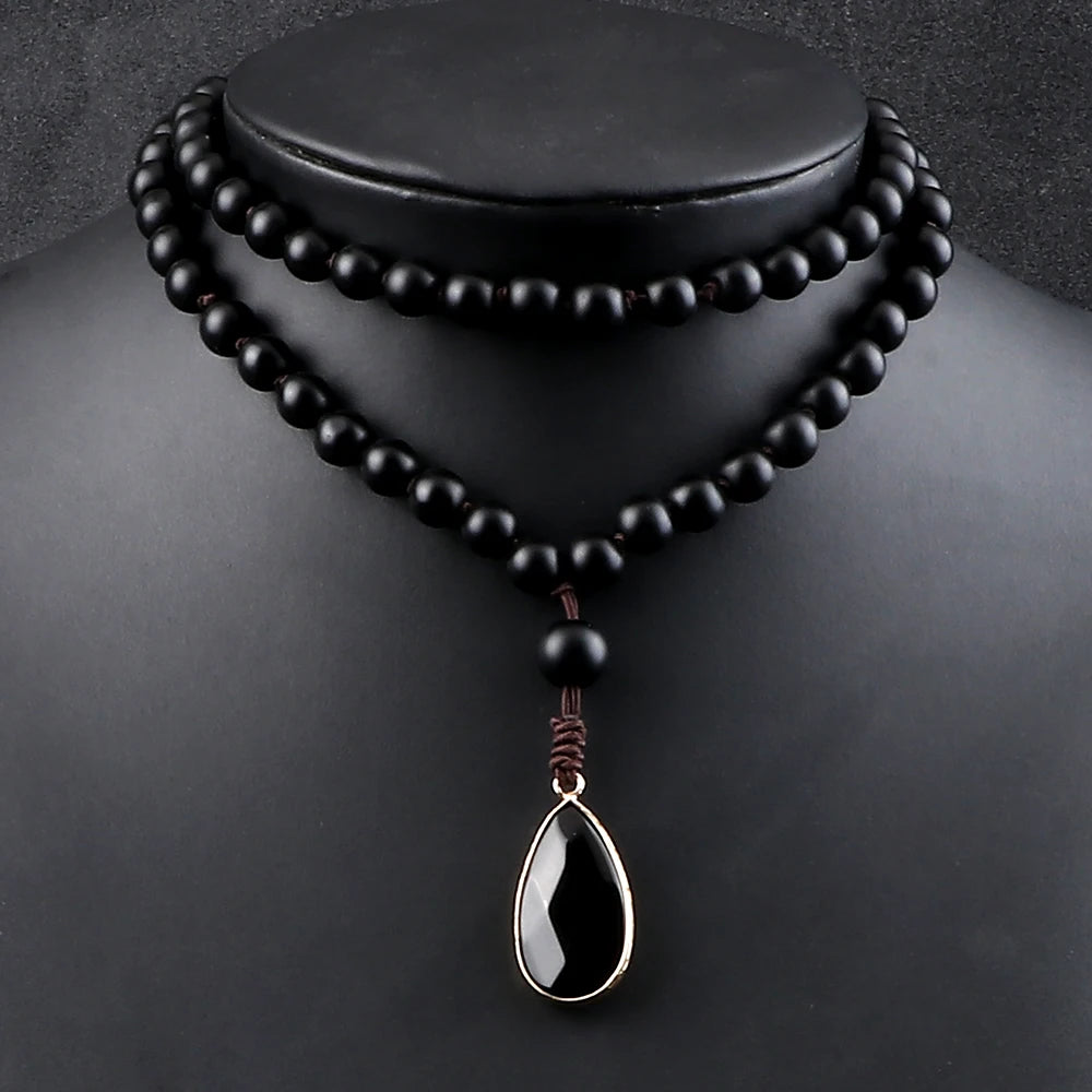 Matte black onyx bead necklace with drop pendant - unisex meditation jewelry