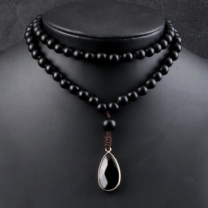 Matte black onyx bead necklace with drop pendant - unisex meditation jewelry