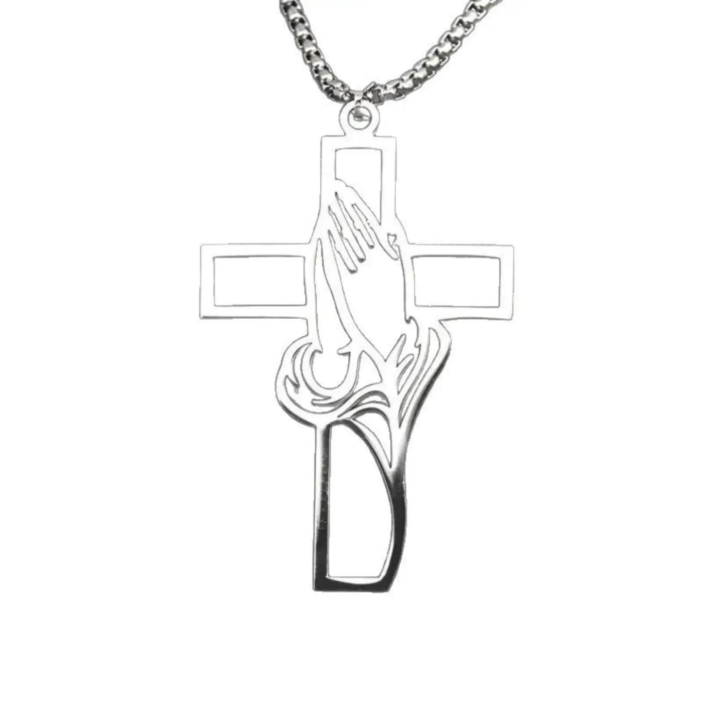 Collier croix main de prière en acier inoxydable – bijou chrétien unisexe