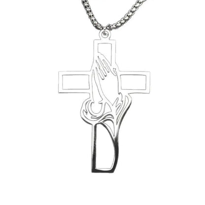 Collier croix main de prière en acier inoxydable – bijou chrétien unisexe