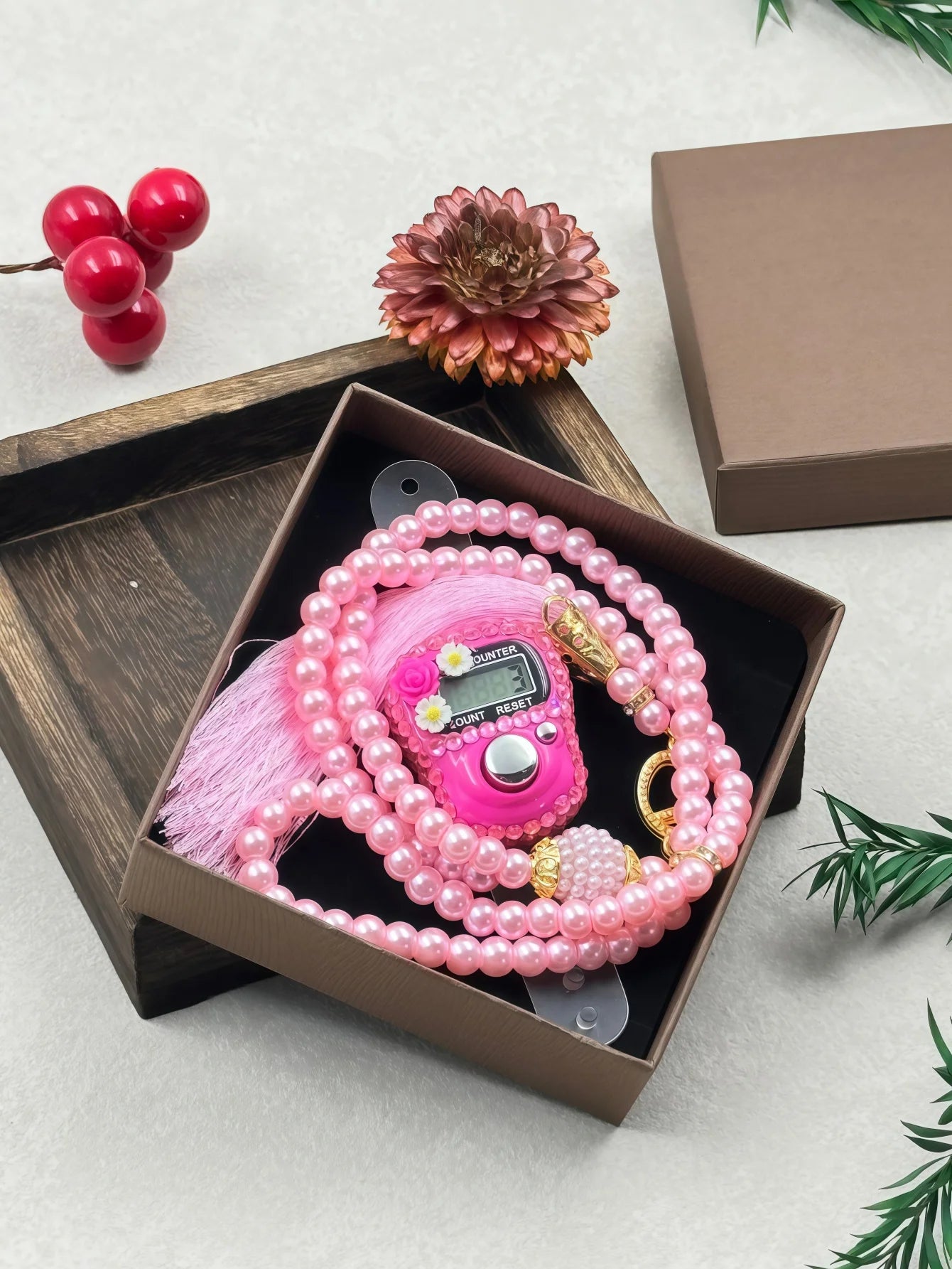 Compteur 99 perles imitation nacrées avec fleurs diamantées – Coffret cadeau élégant