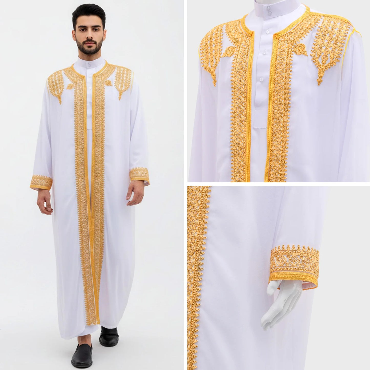 Thobe arabe long brodé or – robe traditionnelle homme style Moyen-Orient