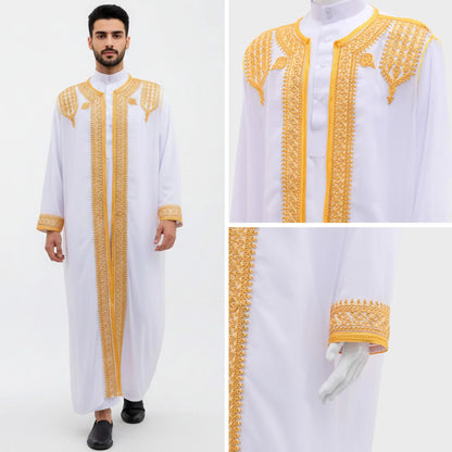 Thobe arabe long brodé or – robe traditionnelle homme style Moyen-Orient