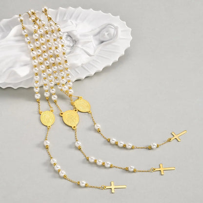 Rosenkranz-Halskette mit Perlen und Jungfrau Maria mit Kreuz – religiöser Schmuck für Damen