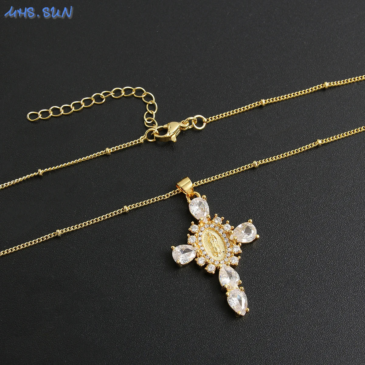 Virgin of Guadalupe Cross Necklace with Zircon – Unisex Catholic Jewelry
