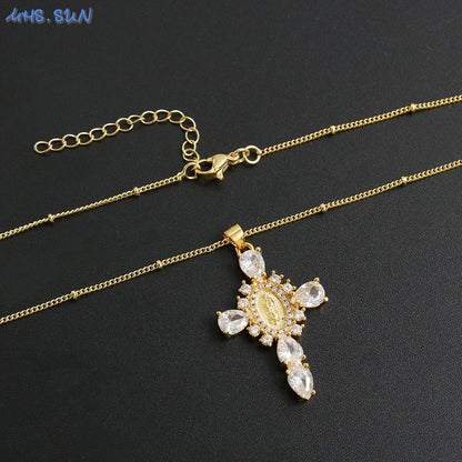 Virgin of Guadalupe Cross Necklace with Zircon – Unisex Catholic Jewelry