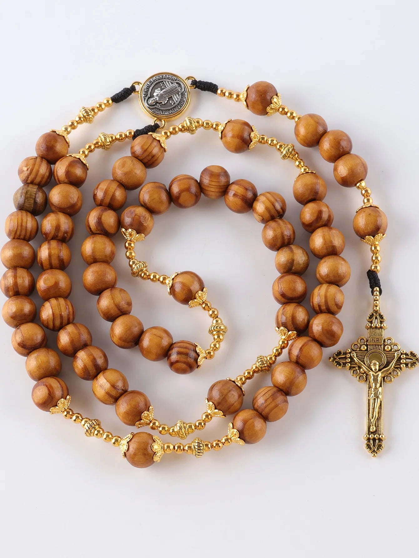 Collier Chapelet Catholique Vintage en Bois – 59 Perles 10 mm avec Croix, Fait Main