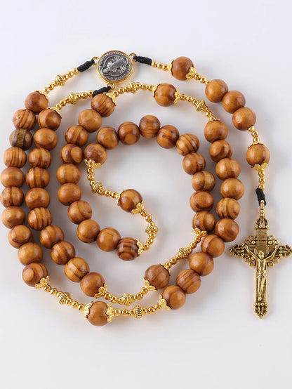 Collier Chapelet Catholique Vintage en Bois – 59 Perles 10 mm avec Croix, Fait Main