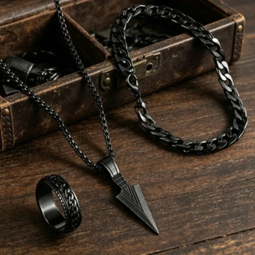 Ensemble Bijoux Croix Noir 3 Pièces – Collier, Bracelet & Bague