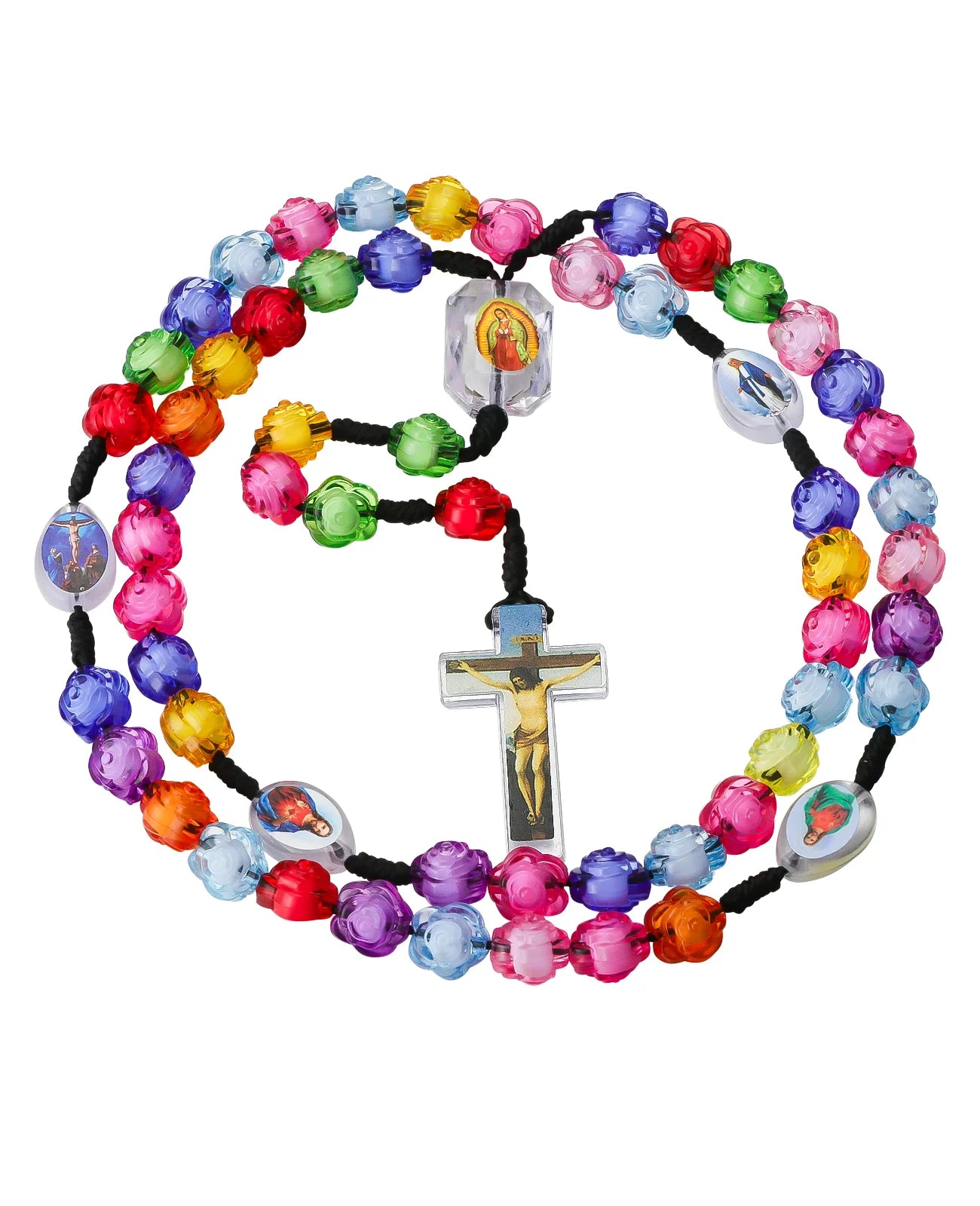 Collier Rosaire Chrétien en Perles Acryliques Colorées avec Pendentif Croix