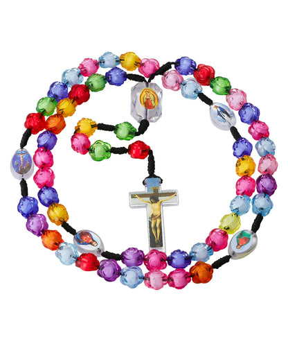 Collier Rosaire Chrétien en Perles Acryliques Colorées avec Pendentif Croix