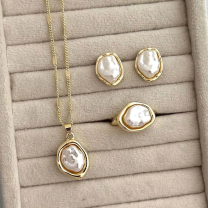 Damen Schmuckset mit Barock-Perlenoptik – Kette, Armreif & Ring