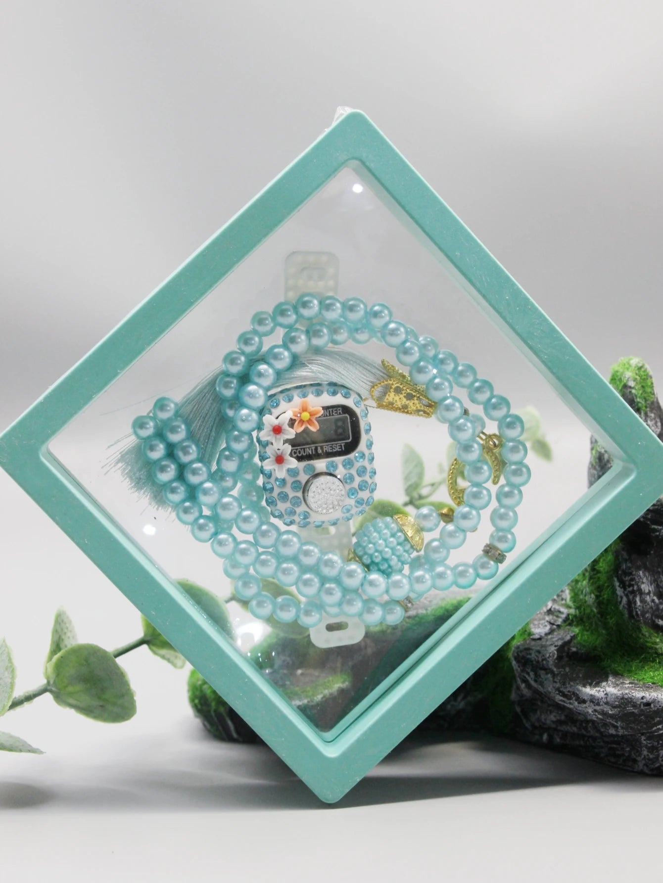 Set tasbih cristal 99 perlas + contador islámico – Cofre de regalo transparente