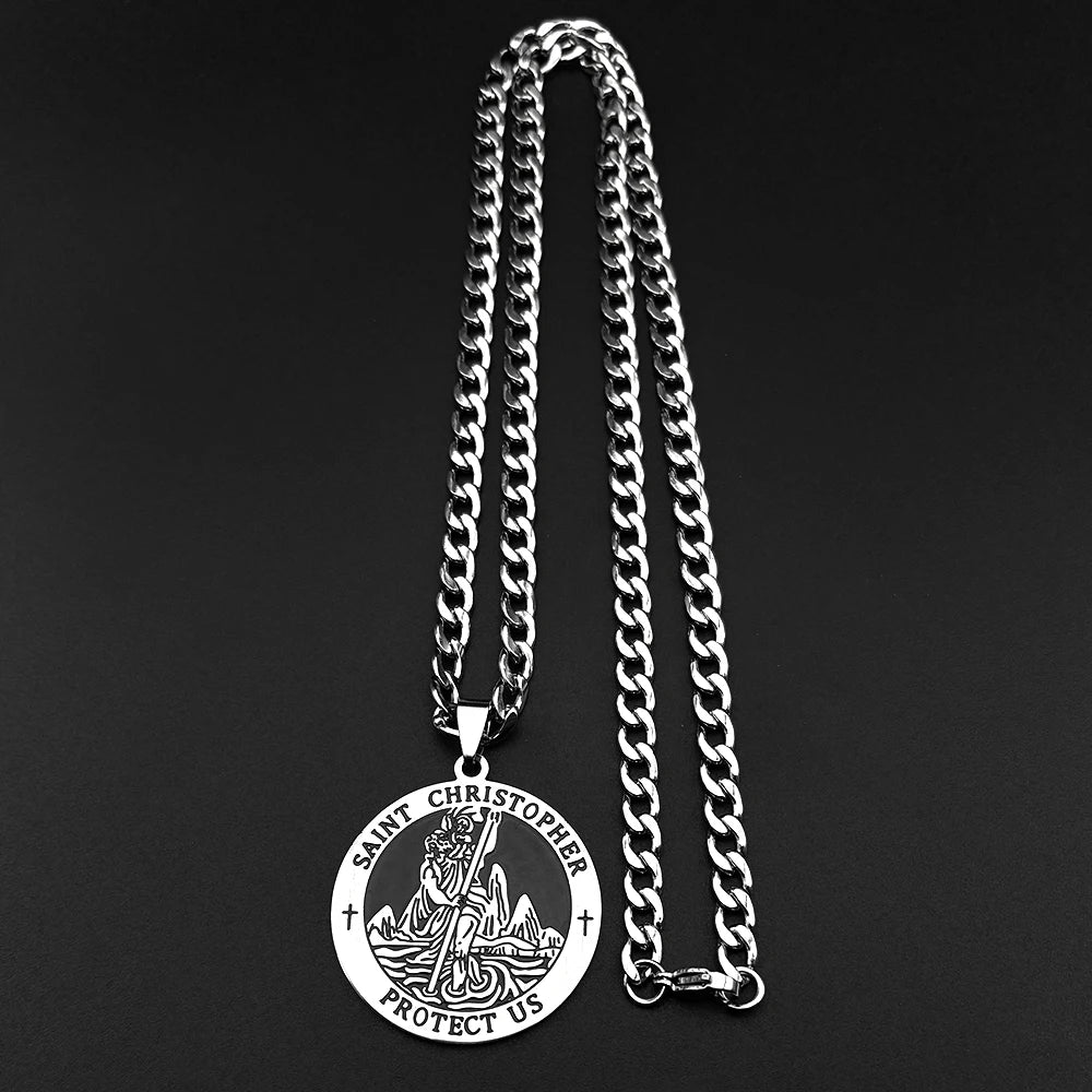 Collier médaille Saint Christophe Protect Us – bijou religieux en acier inoxydable