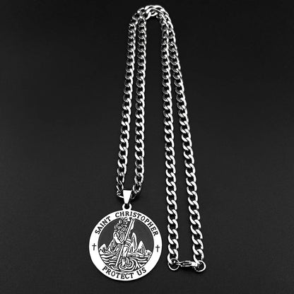 Collier médaille Saint Christophe Protect Us – bijou religieux en acier inoxydable