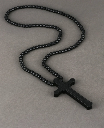 Collier Chapelet Catholique en Bois – Croix Jésus-Christ, Bijou de Prière Religieux Fait Main