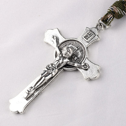 Collier croix Saint Benoît vintage avec cordon tressé – bijou de prière pour homme