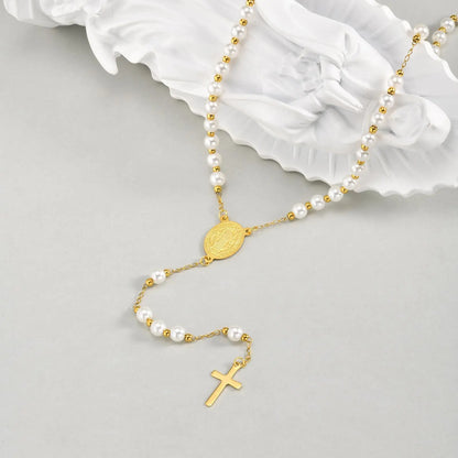 Rosenkranz-Halskette mit Perlen und Jungfrau Maria mit Kreuz – religiöser Schmuck für Damen