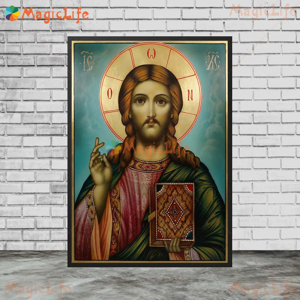 Icône religieuse du Christ Pantocrator – Tableau orthodoxe sur toile sans cadre pour église et décoration murale